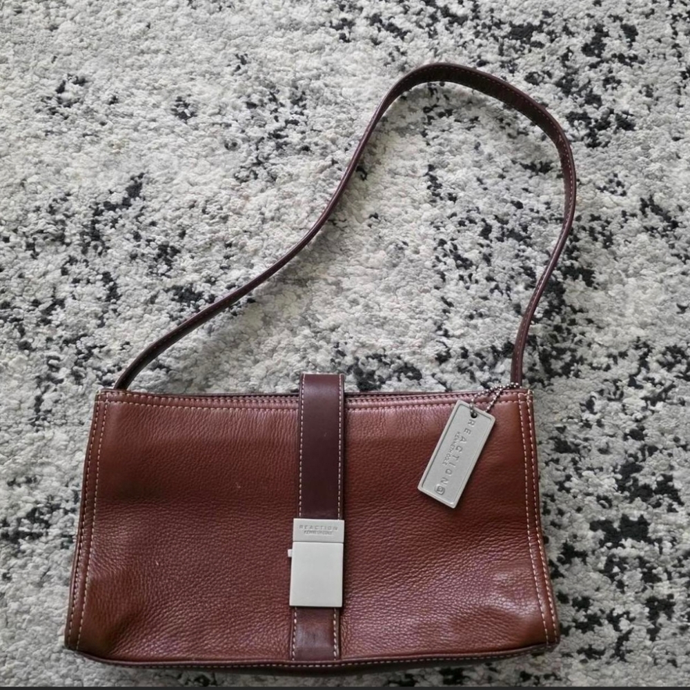 Vintage Kenneth Cole Reaction Shoulder Bag Leather Brown Silver Charm 90s Y2k